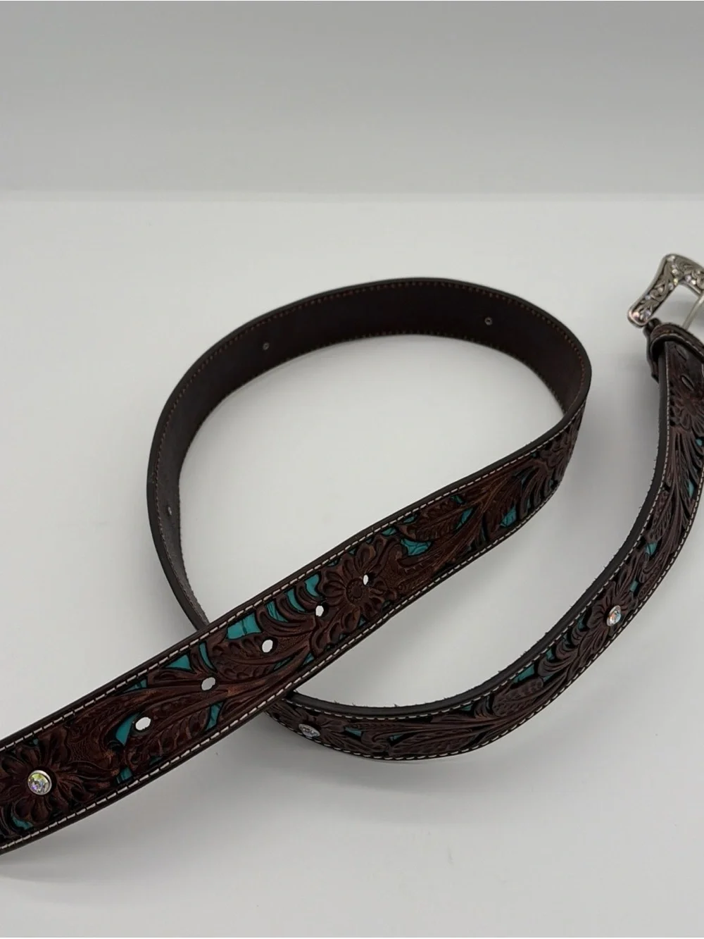 ARIAT Tooled Leather Turquoise Inlay WESTERN Brown Floral Belt Coastal Cowgirl